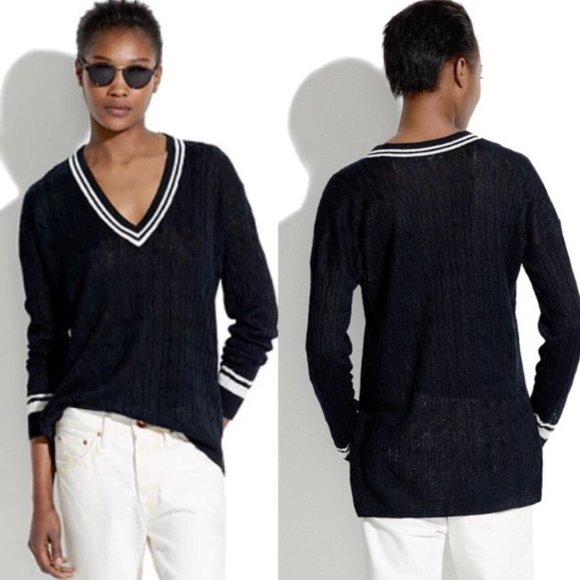Madewell Sweaters - MADEWELL Linen Pavilion Sweater Black White Varsity Lightweight V-Neck Small S
